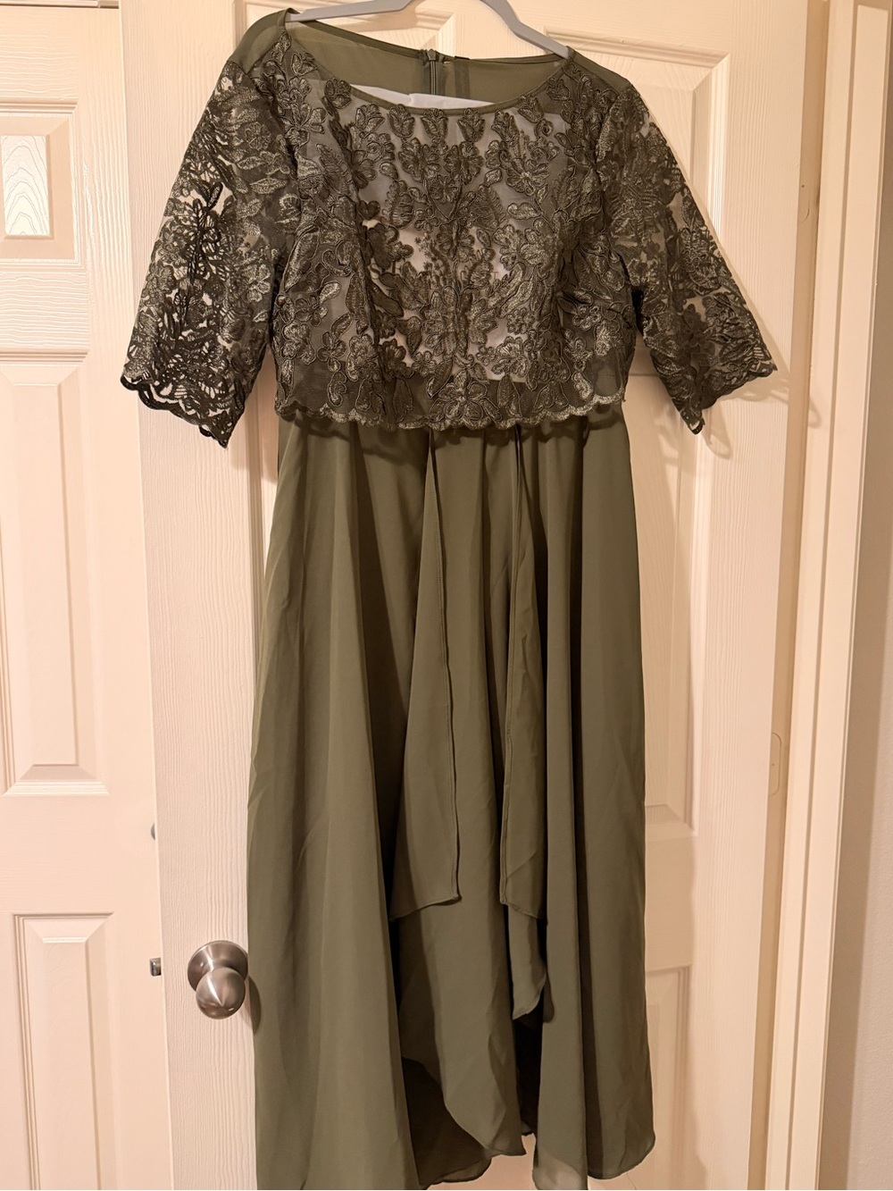 Olive Green Lace-Overlay Evening Dress